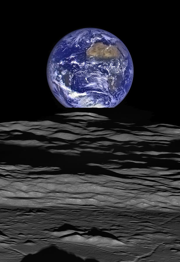 Space Photograph - Moon Straddling The Earth by Mountain Dreams