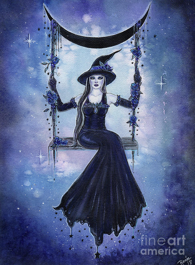 Moon And Stars Painting - Moon Swing Witch by Renee Lavoie