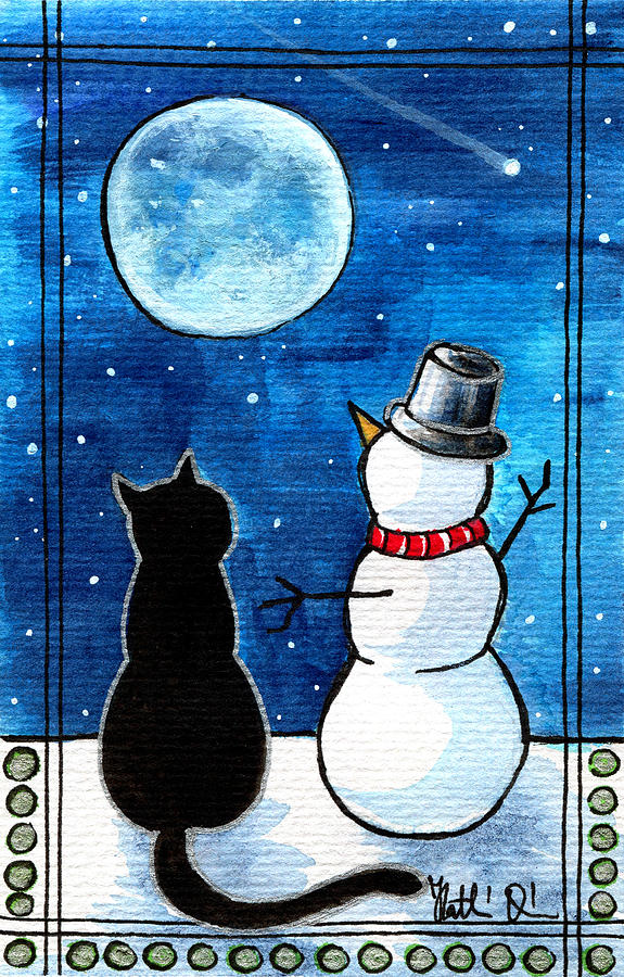 Moon Watching With Snowman - Christmas Cat Painting by Dora Hathazi Mendes