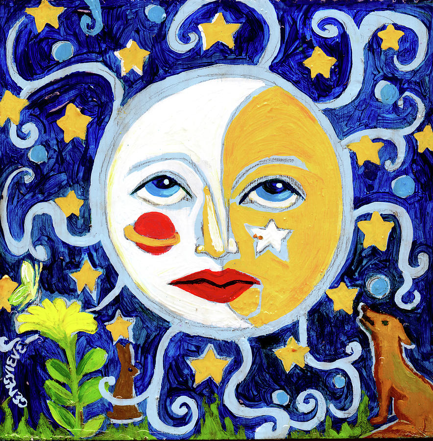 Moonface With Wolf And Stars Painting by Genevieve Esson