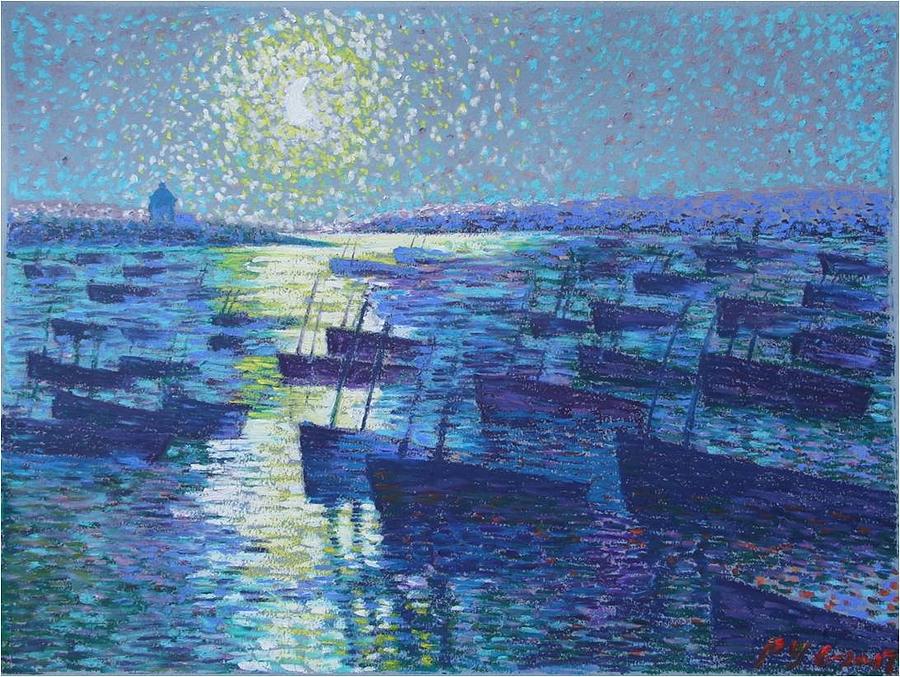 Moonlight and Fishing Boat Painting by Ping Yan