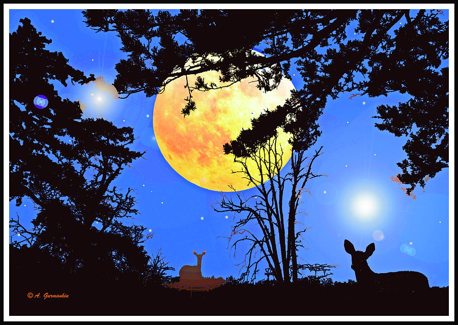 Moonlight Fantasy Forest with Deer Silhouettes Photograph by A Macarthur Gurmankin