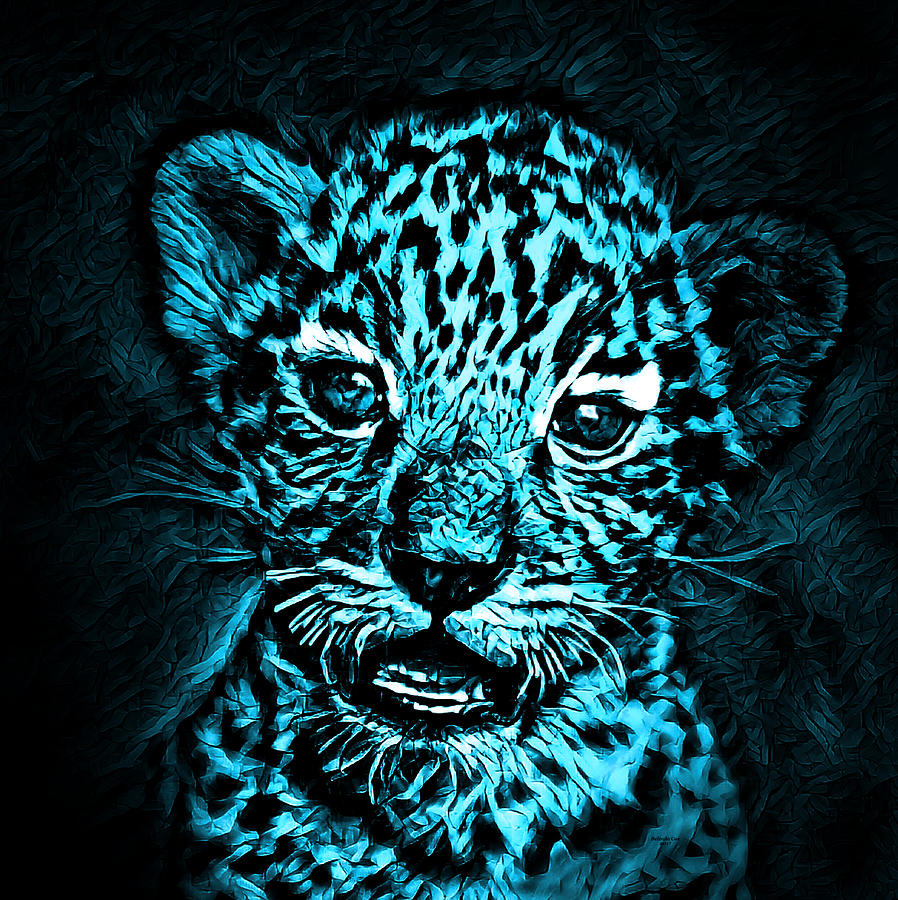 moonlight Leoparrd Kitten Monochromatic Digital Art by Artful Oasis