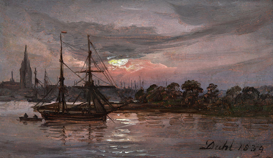 Moonlight over the River Oder at Swinemuende, Dresden Painting by Johan Christian Dahl
