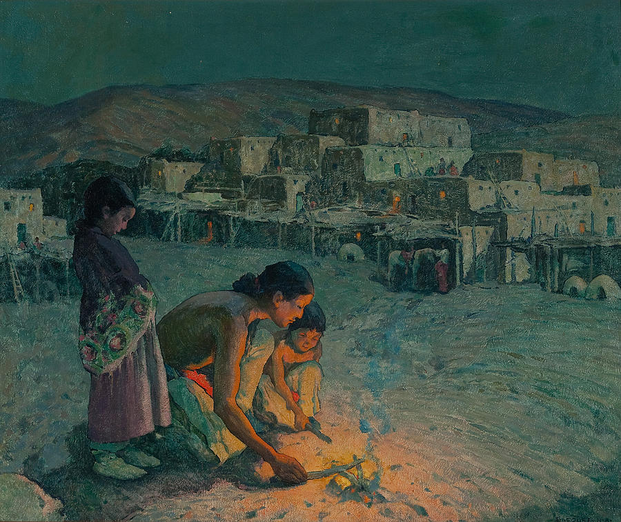 Eanger Irving Couse Painting - Moonlight Pueblo de Taos by Celestial Images