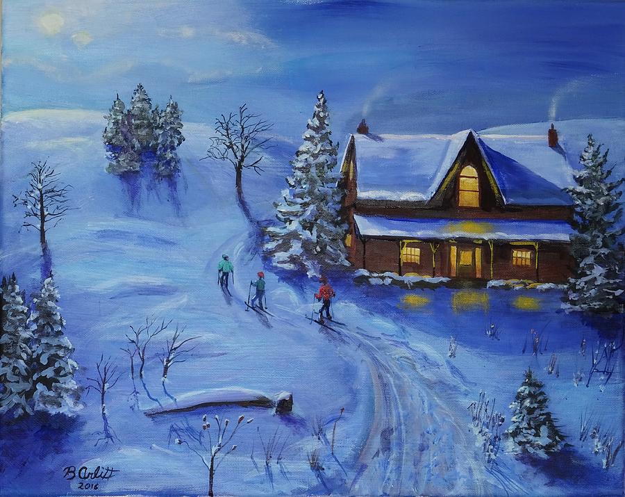 Winter Painting - Moonlight Ski by Brent Arlitt