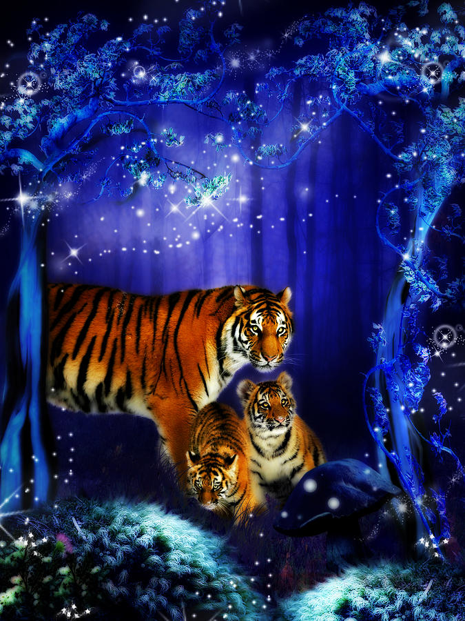 Tiger Digital Art - Moonlight Tigers by Julie L Hoddinott