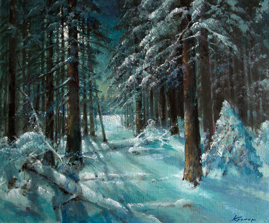 Nature Painting - Moonlight winter night in fir forest by Mark Kremer