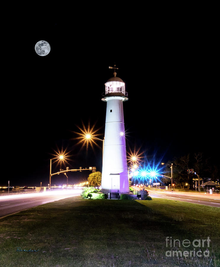 Moonlit Gulf Coast Lighthouse Seascape Biloxi MS 4256B Photograph by Ricardos Creations