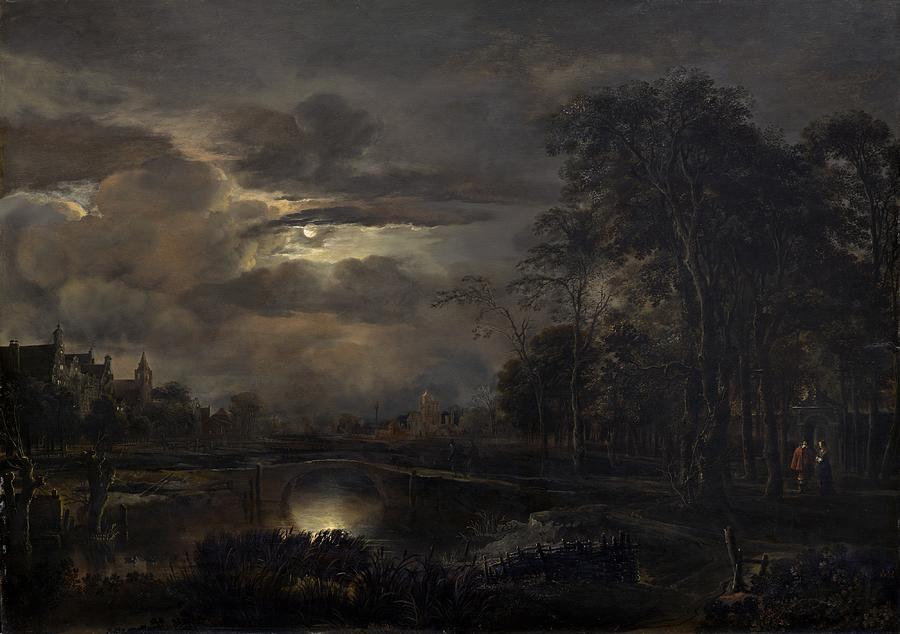 Landscape Painting - Moonlit Landscape With Bridge by Aert Van Der Neer