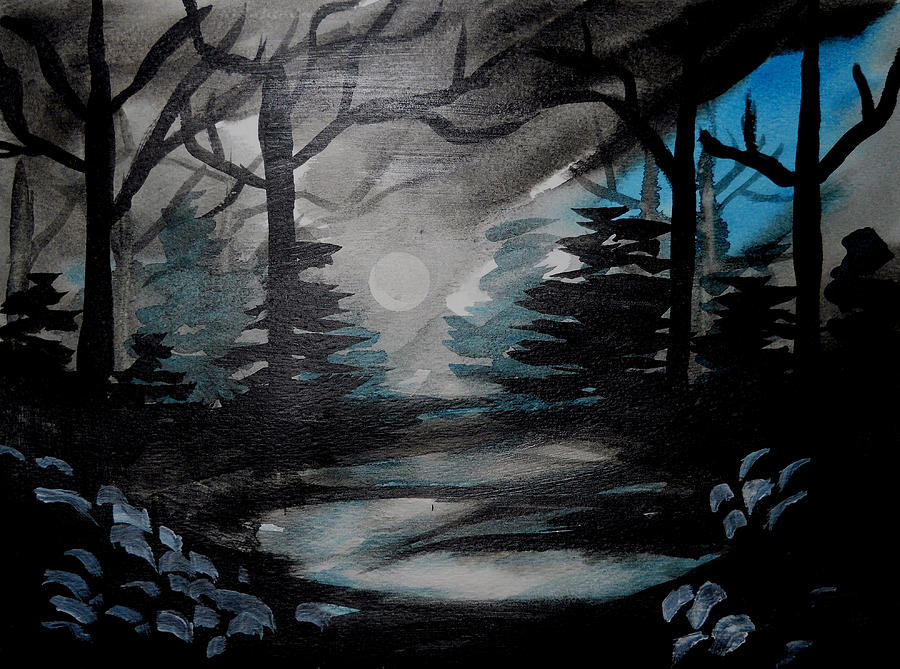 Moonlit Midnight Forest Painting by Carol Crisafi