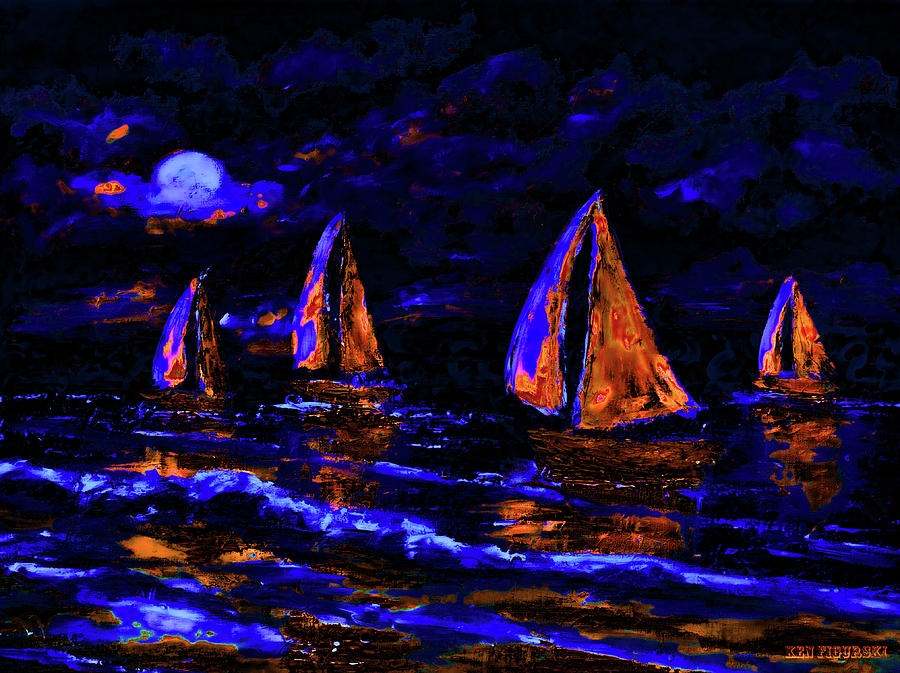 Moonlit Sailing In Neon Mixed Media by Ken Figurski