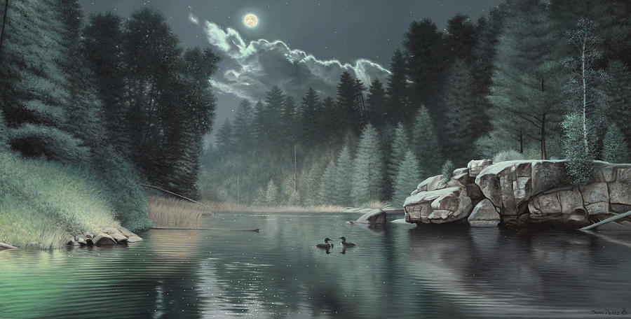 Moonlit Waters-Loons Painting by Daniel Pierce