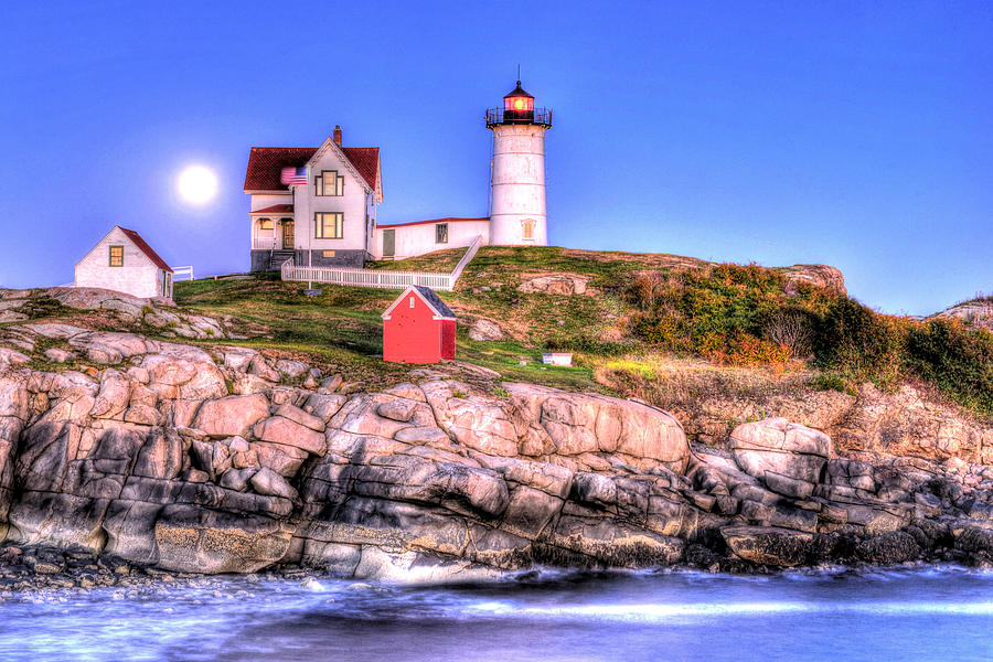 Moonrise at Nubble Light Photograph by Don Mercer