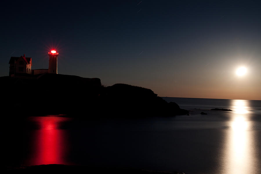 Moonrise at Nubble Light House Photograph by David Bishop