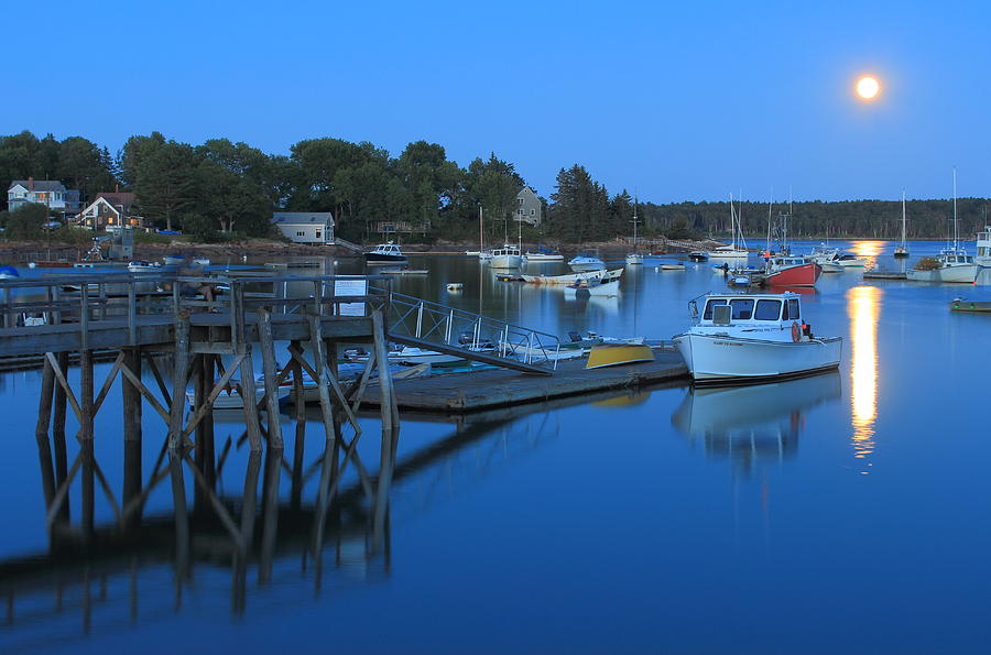 Boat Photograph - Moonrise at Round Pond Harbor Maine by John Burk