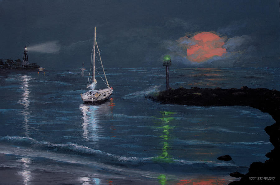 Moonrise Bay Acrylic Painting Painting by Ken Figurski