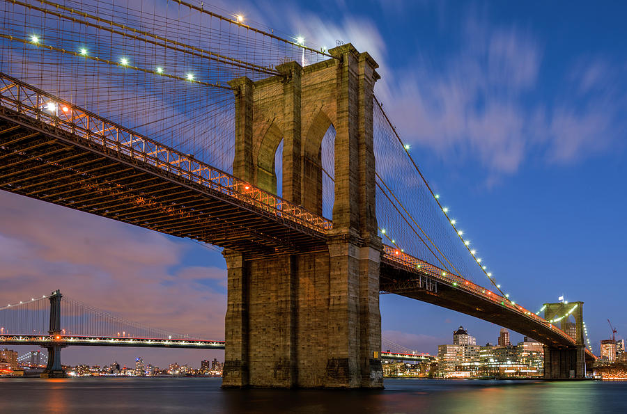 Statue Of Liberty Photograph - Moonrise over Brooklyn Bridge by Randy Lemoine
