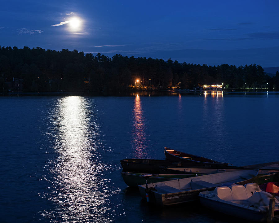 Moonrise on Mirror Lake Lake Placid New York NY Boats Photograph by Toby McGuire
