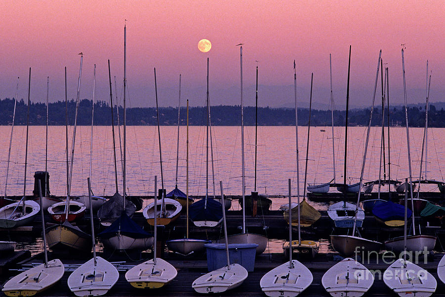 Moonrise over Lake Washington with Sailboats Photograph by Jim Corwin
