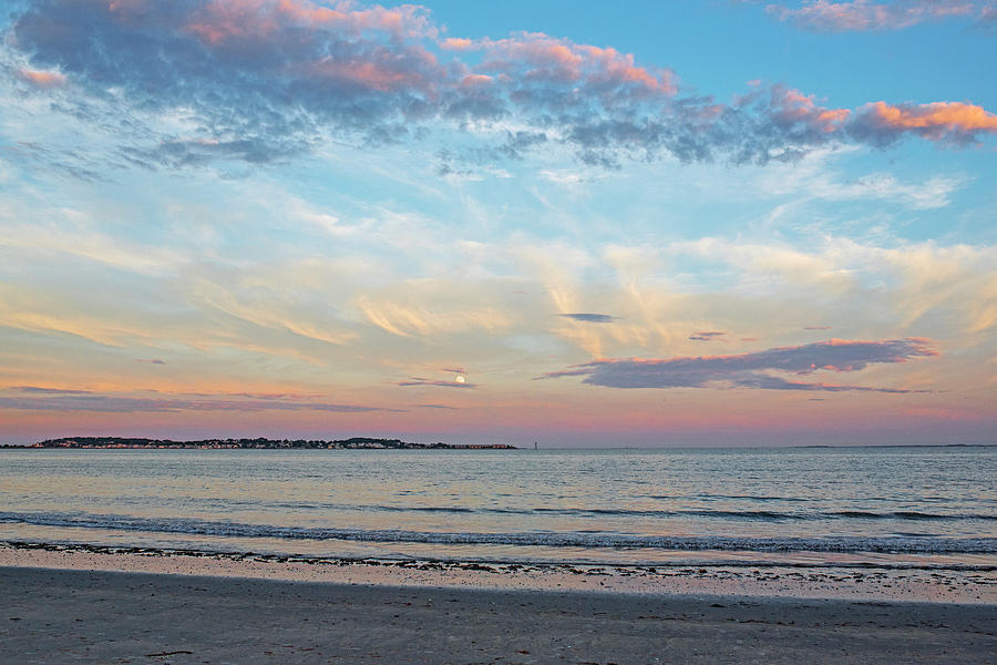 Moonrise over Nahant from Revere Beach Revere MA Red Sunset Photograph by Toby McGuire