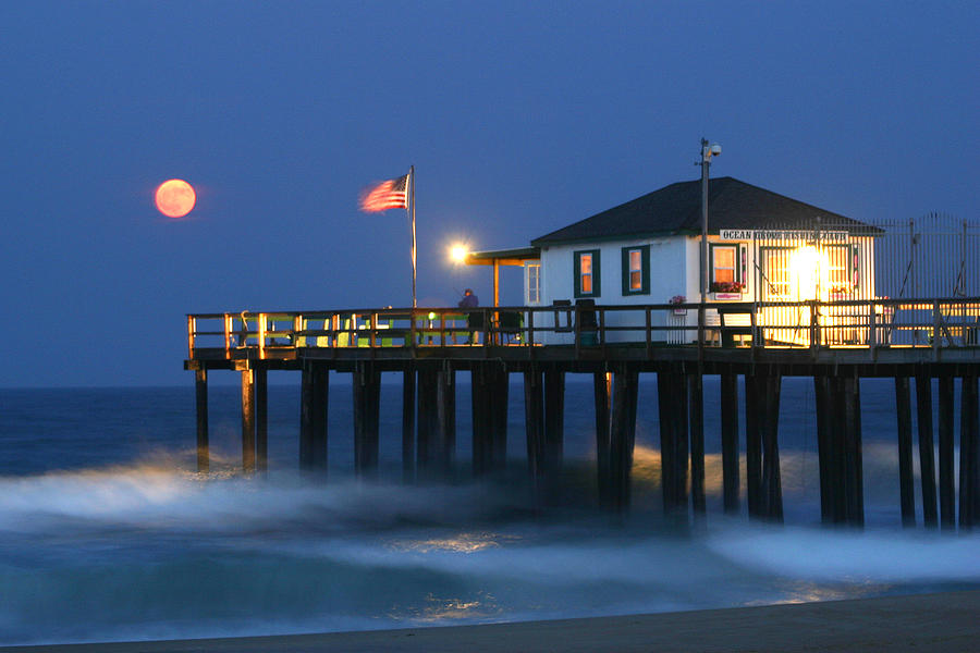 Pier Photograph - Moonrise Over Ocean Grove Pier by Kelly S Andrews
