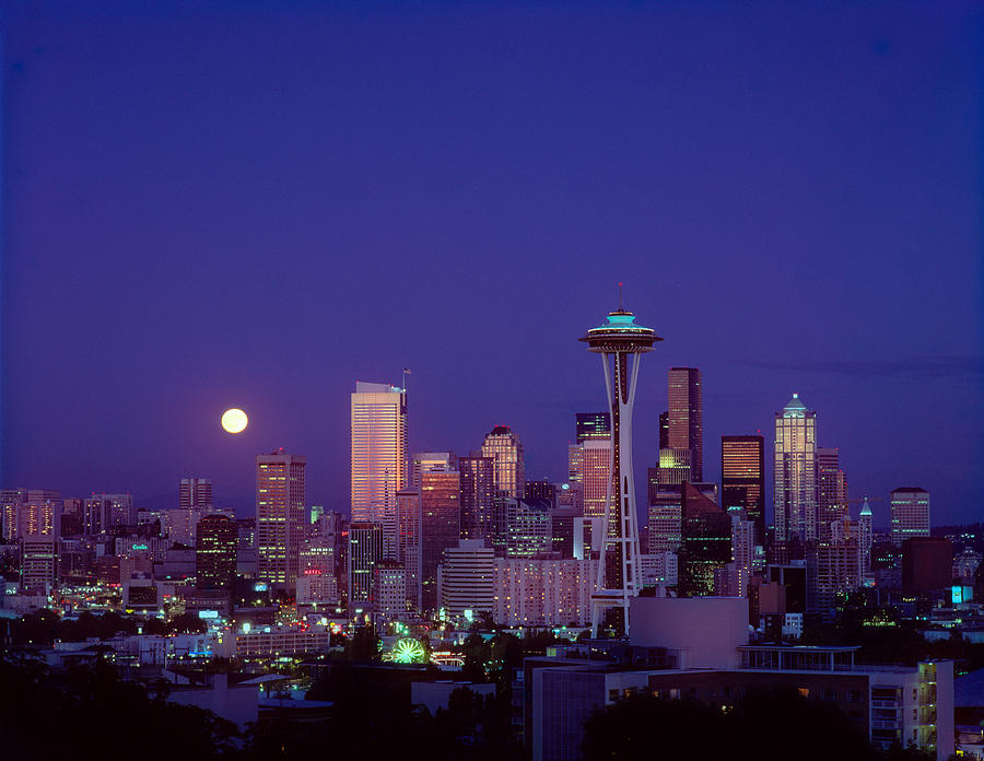 Moonrise over Seattle skyline Photograph by Greg Vaughn - Printscapes