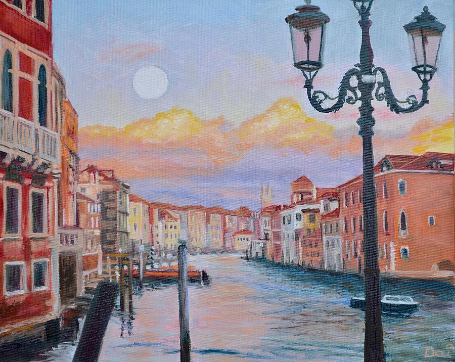 Moonrise over the Grand Canal in Venice Painting by Dai Wynn