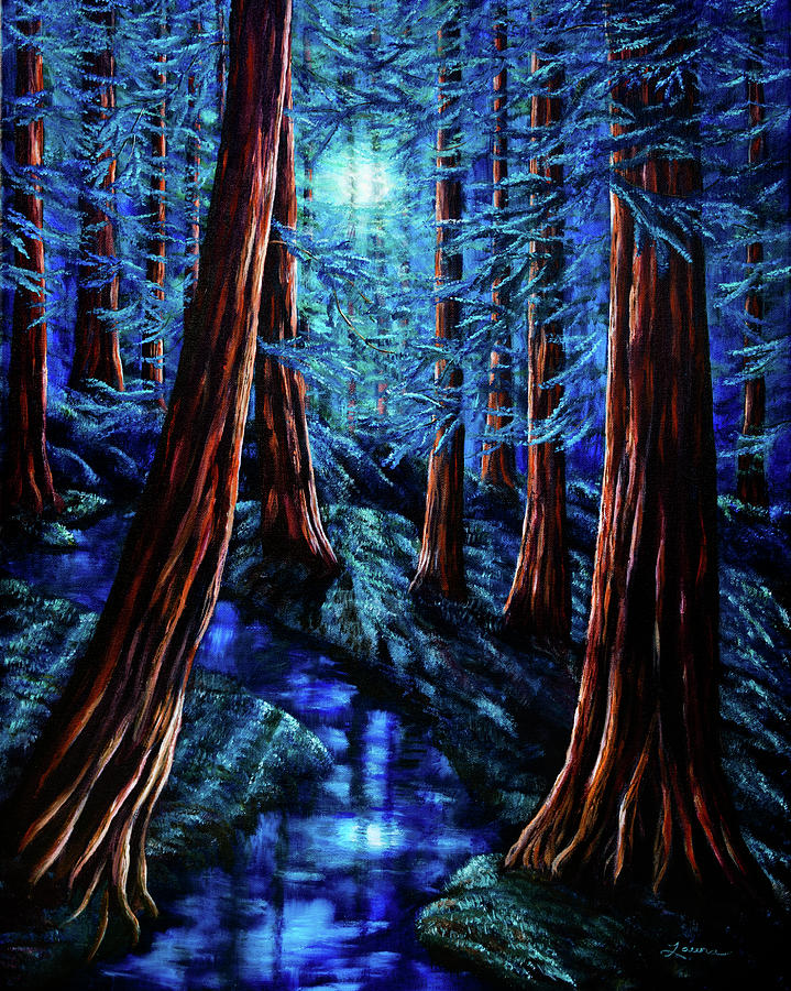 Tree Painting - Moonrise over the Los Altos Redwood Grove by Laura Iverson