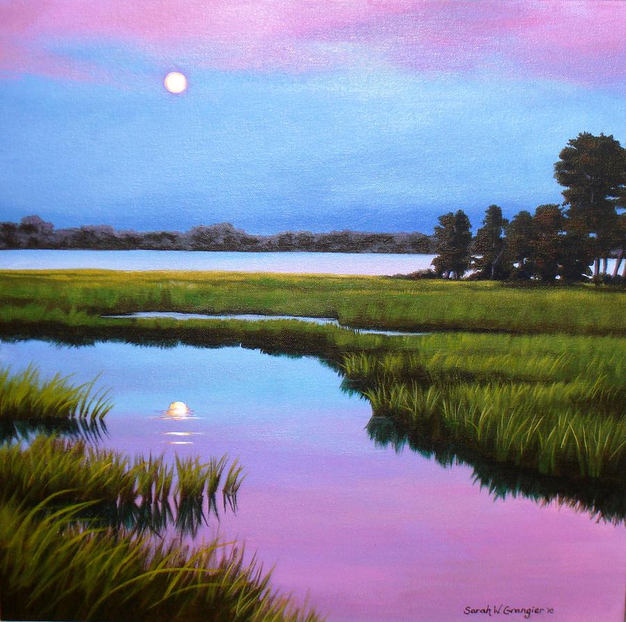 Moonrise Over the Marsh Painting by Sarah Grangier