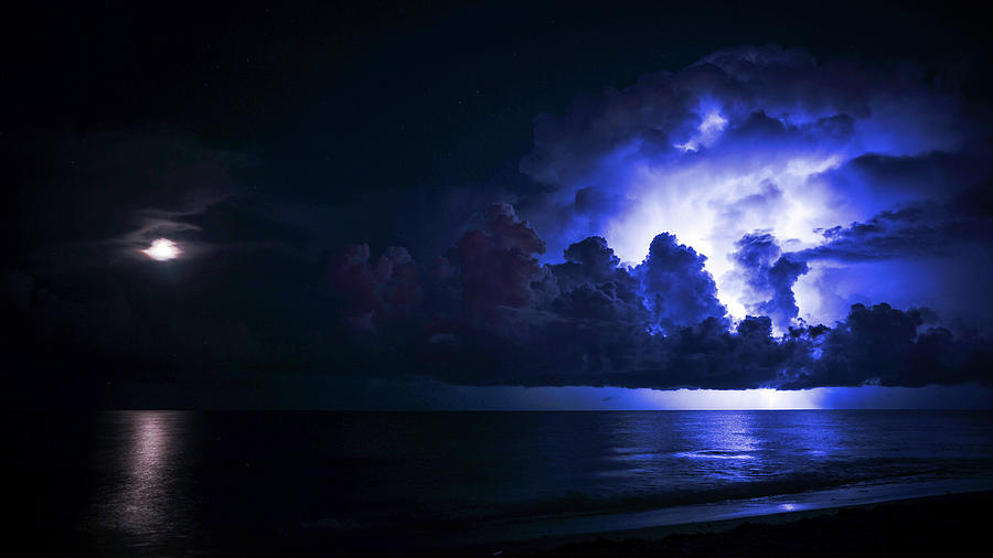 Moonrise Lightning 2 Delray Beach Florida  Photograph by Lawrence S Richardson Jr
