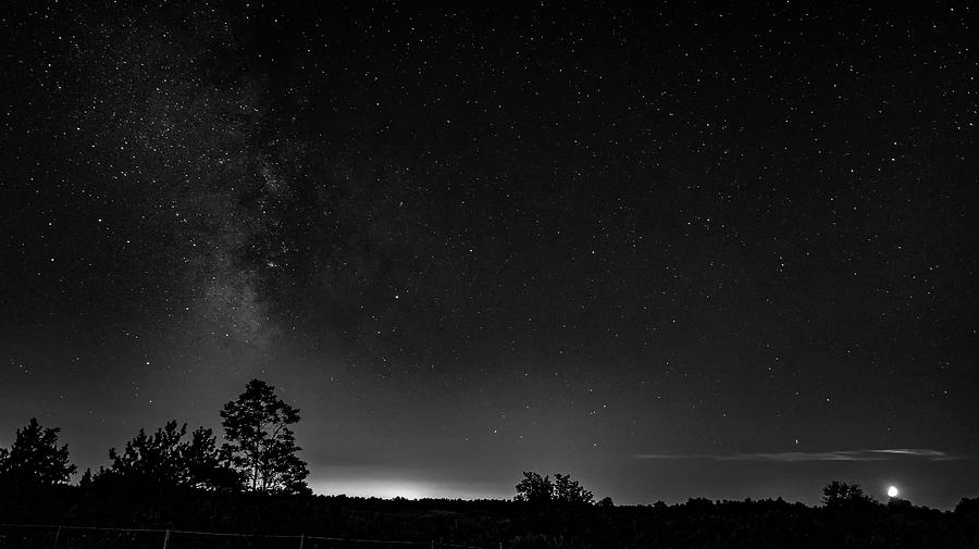 Moonset And The Milky Way bw Photograph by Steve Harrington