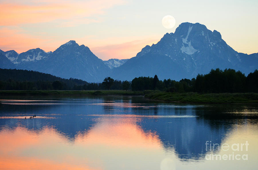 Moonset At Sunrise Over Mount Moran And Oxbow Lake Grand Tetons Wy