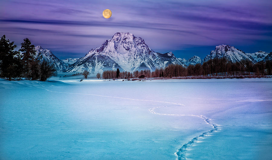 Winter Photograph - Moonset on Moran by Michael Ash