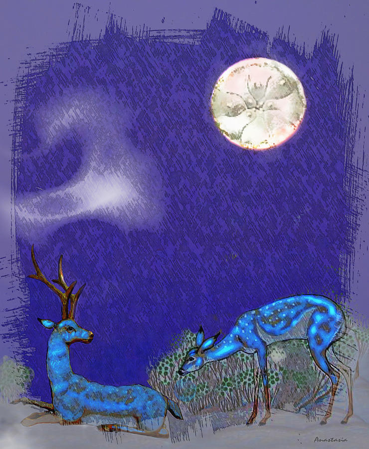 Moonset Over Blue Deer Digital Art by Anastasia Savage Ealy
