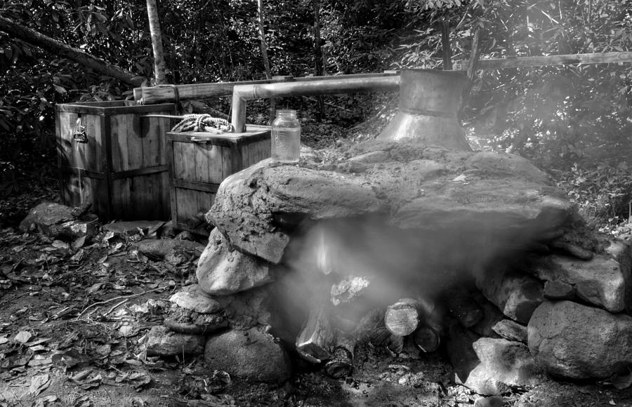 Moonshine Still in Black and White Photograph by Greg and Chrystal Mimbs