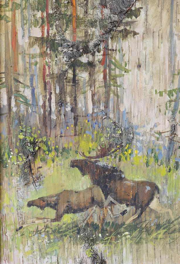 Moose Couple in the Wood Painting by Ilya Kondrashov