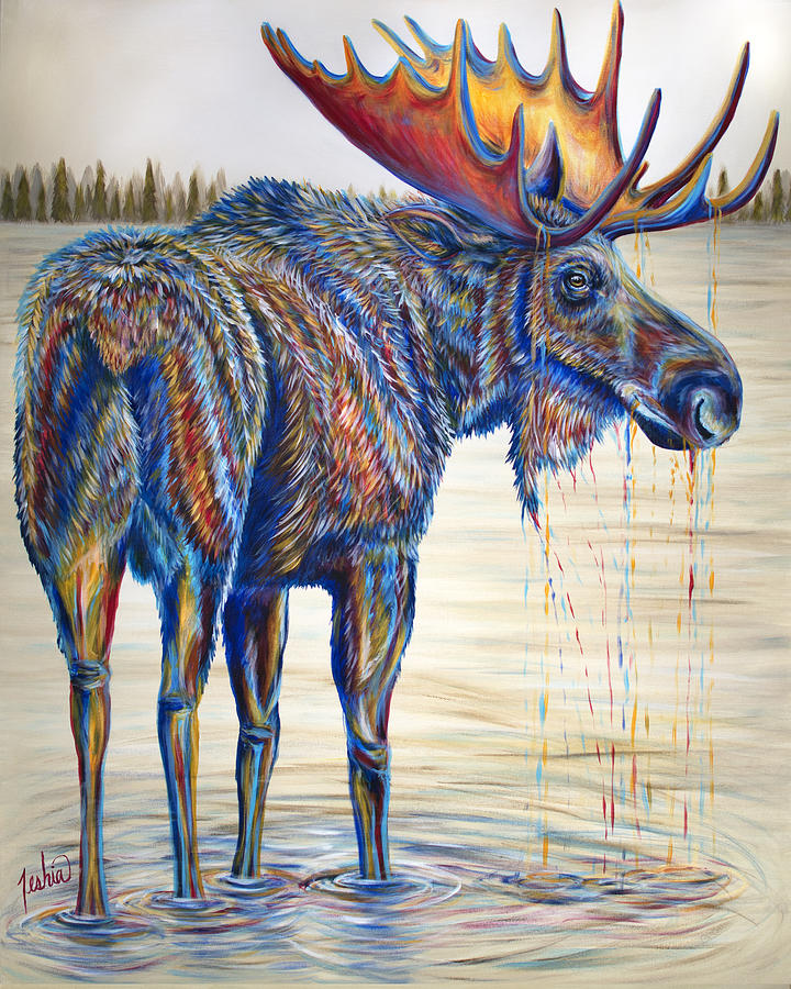 Moose Painting - Moose Gathering, 2 Piece Diptych- Piece 1- Left Panel by Teshia Art