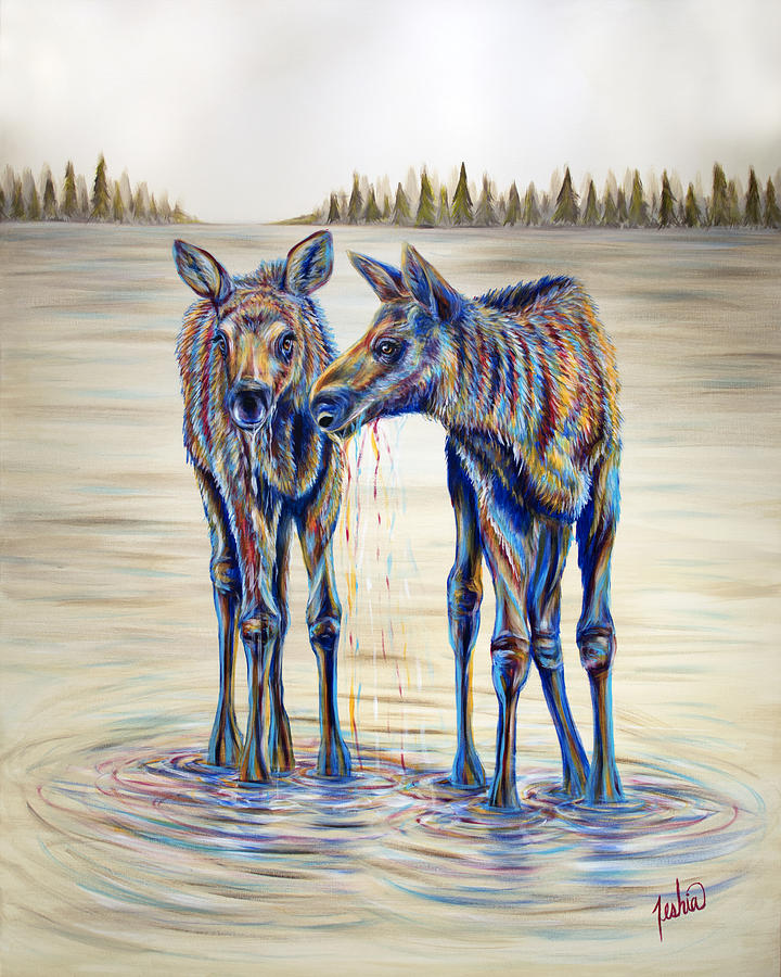 Moose Gathering, 2 Piece Diptych- Piece 2- Right Panel Painting by Teshia Art