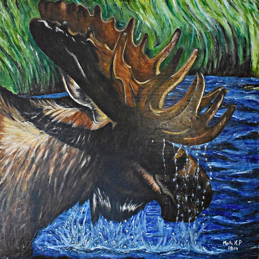 Moose in Water Painting by Marta Pawlowski
