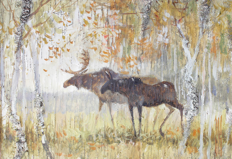Mooses in the Autumn Woods Painting by Ilya Kondrashov