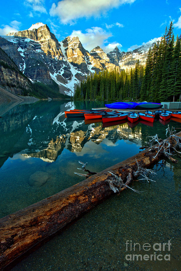 Moraine Lake Canoes And Driftwood Photograph by Adam Jewell