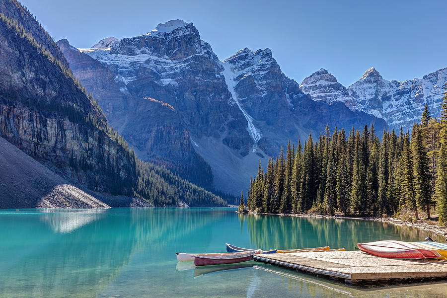 Moraine Lake Canoes Photograph by Pierre Leclerc Photography