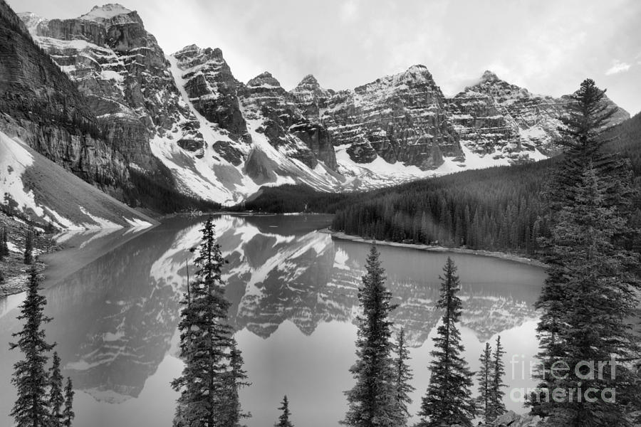 Moraine Lake Emerald Water Reflections Black And White Photograph by Adam Jewell