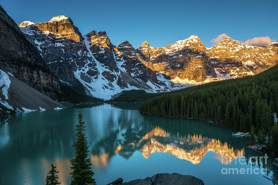 Moraine Lake Golden Alpenglow Reflection Photograph by Mike Reid