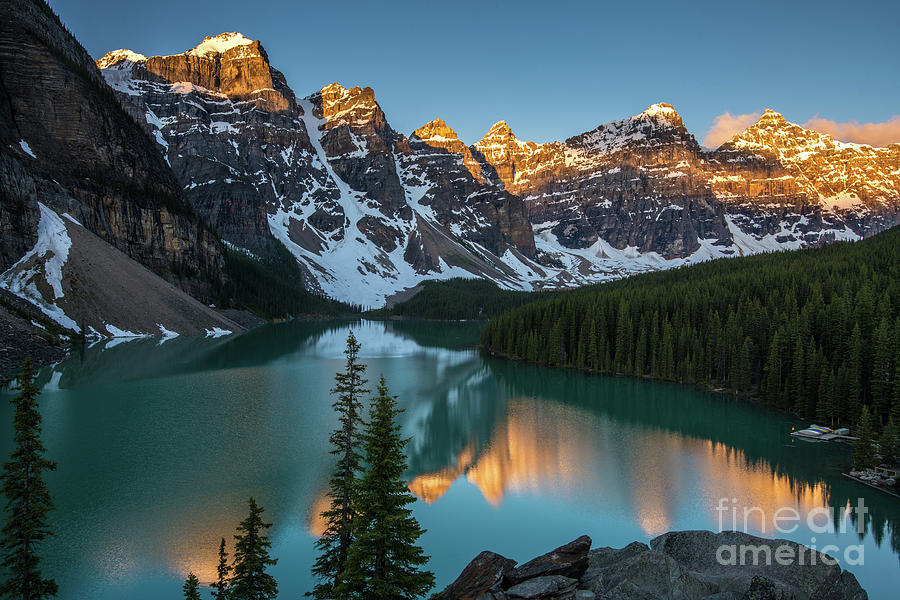Lake Moraine Golden Alpenglow Reflection  Photograph by Mike Reid