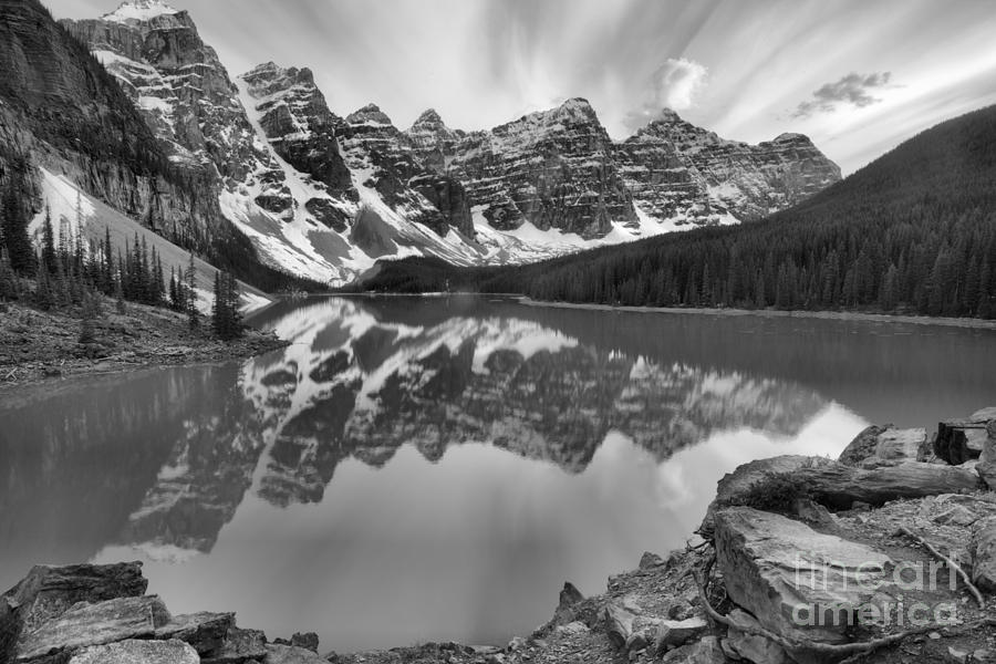 Moraine Lake Sunset Reflections Black And White Photograph by Adam Jewell