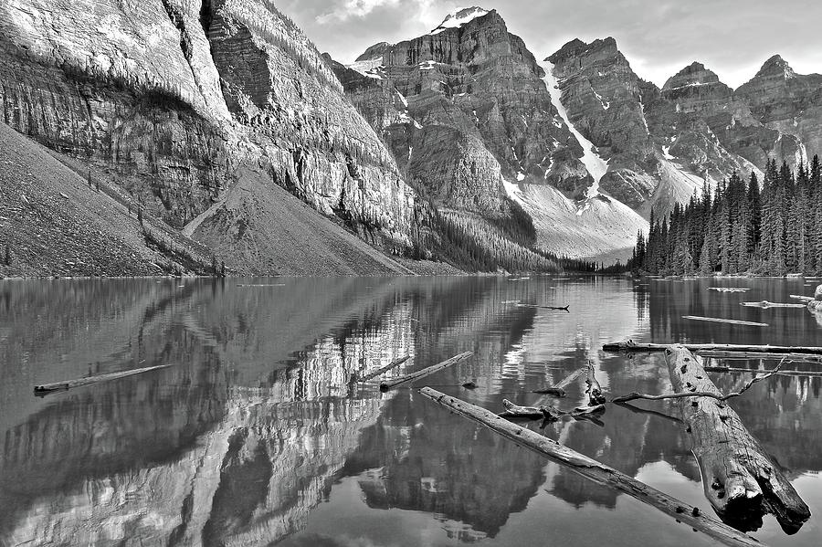 Moraine Reflects in Black and White Photograph by Frozen in Time Fine Art Photography