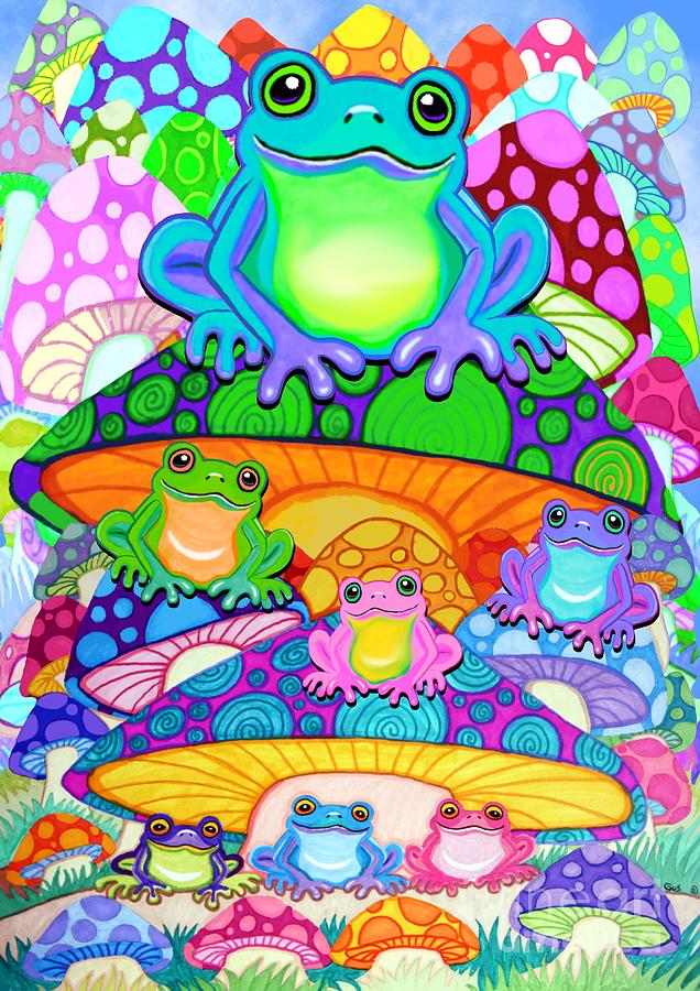 More Colorful Frogs on Colorful Magic Mushrooms Painting by Nick Gustafson