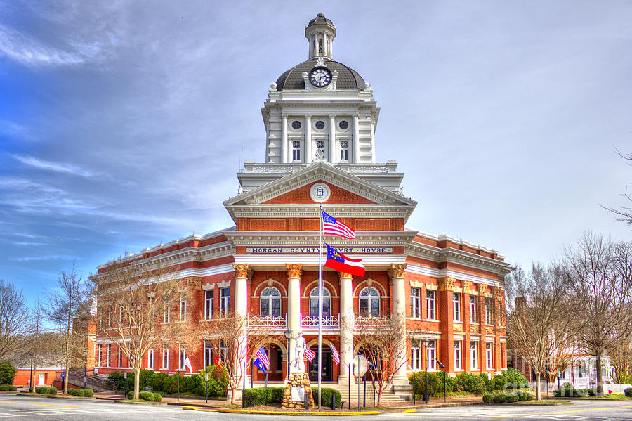 Architecture Photograph - Morgan County Court House Flags Waving by Reid Callaway
